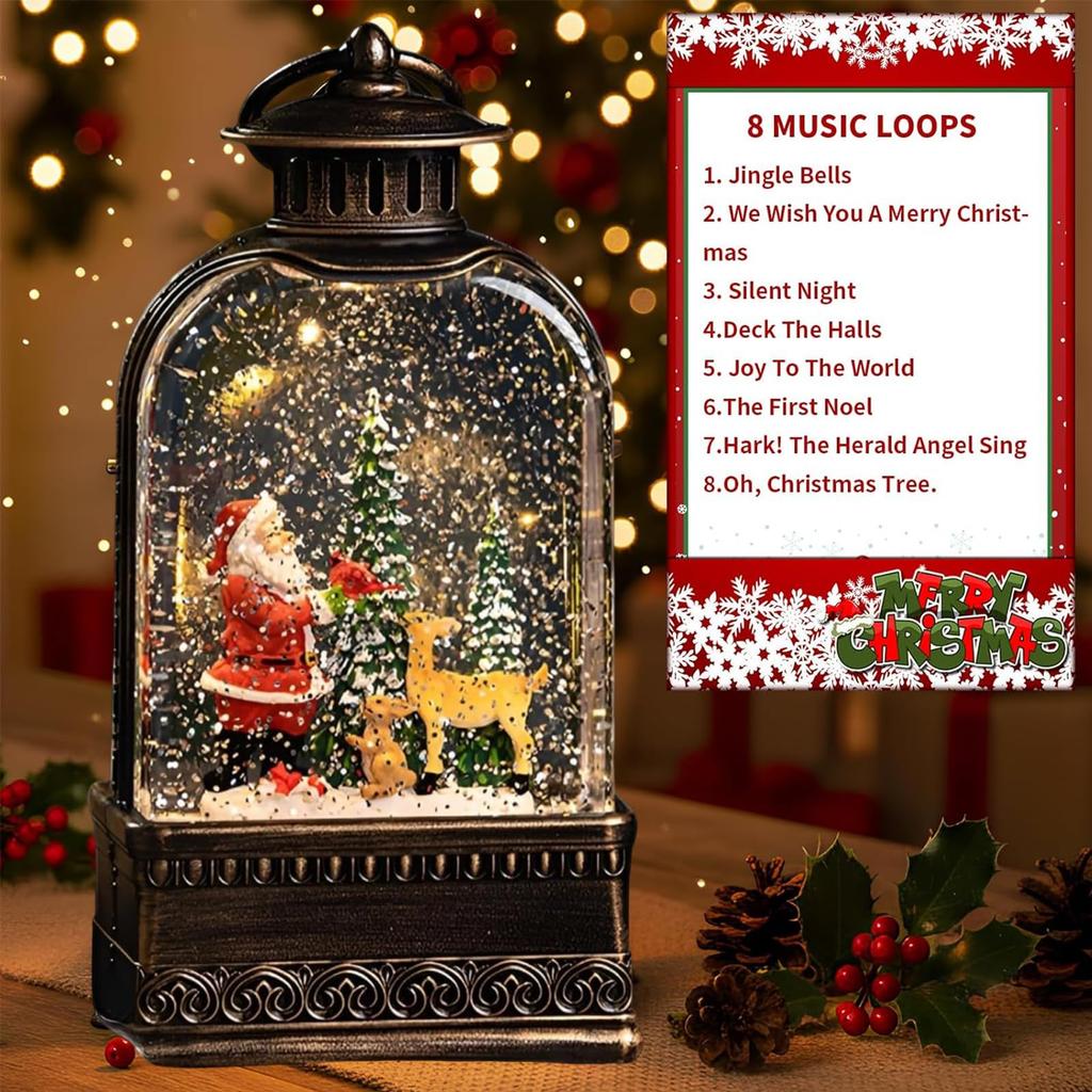 Christmas Music Box Snow Globe with LED 8 Songs Automatically Lantern Santa and Snowman Christmas Perfect Gift Lights, Playing, Design, USB/Battery