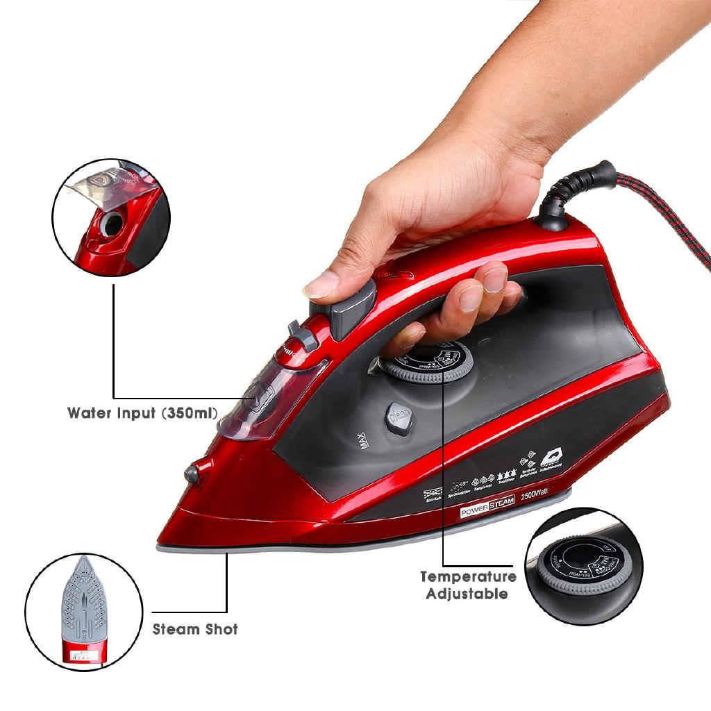 Ferro da stiro elettrico verticale regolabile a 4 livelli da 2500W, autopulente, portatile da viaggio, vapore per abiti, nero/rosso