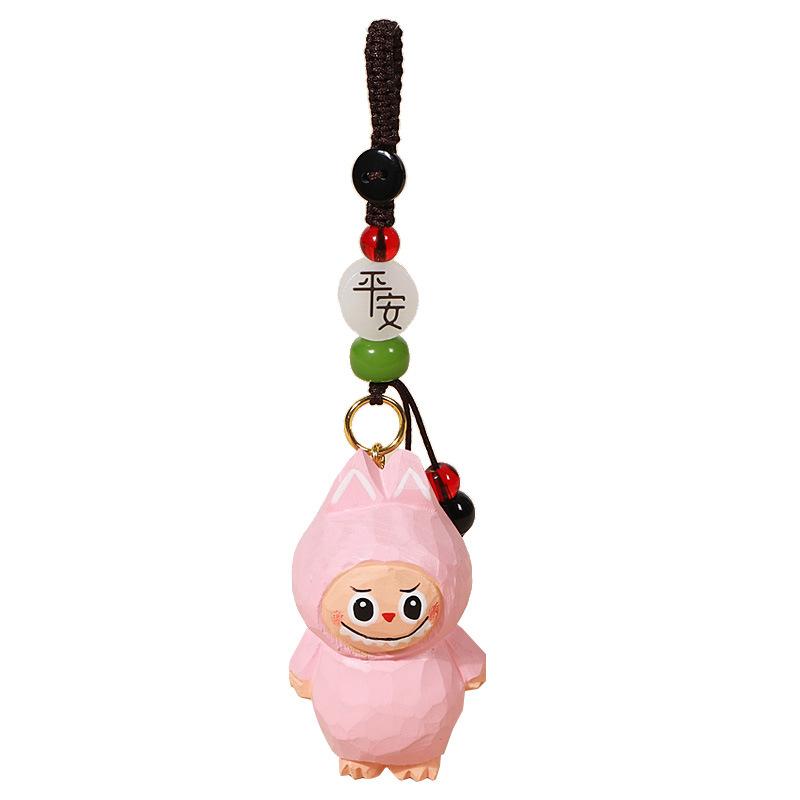Handmade Wood Carving Rabub Car Keychain Pendant Female Cute Cartoon Bag Accessories