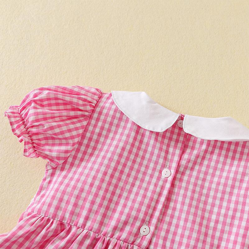 Summer Girls Cotton Plaid Princess Dress With Watermelon Embroidery Puff Sleeves Shirred Bodice Casual Party Sundress For Kids