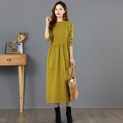 Autumn and Winter Knitted Sweater Skirt Women's Long Knee-length Bottom Skirt with Coat Inside and Outside Dress Pocket Long Skirt