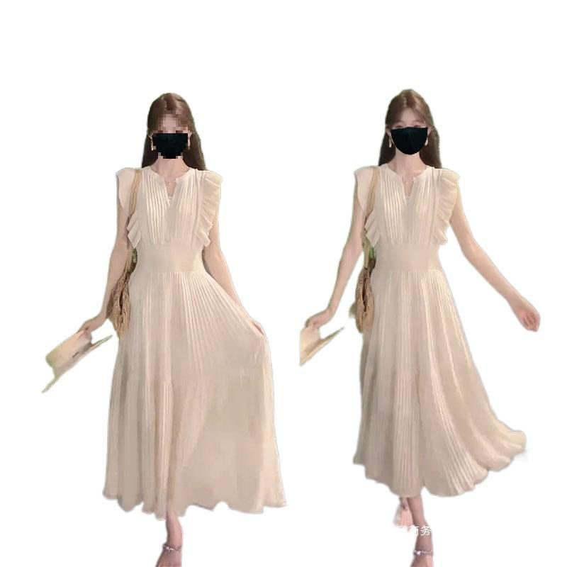 Japanese New Chen Duling Small Fly-Sleeve Floral Pleated Dress for Women, Summer High-Waisted A-Line Casual Long Dress