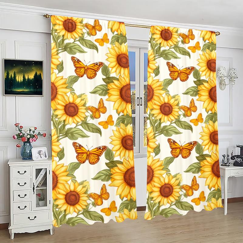 2pcs- Butterfly Sunflower polyester curtains, pole bag curtains 42*84, bedroom, living room, home room, party decoration