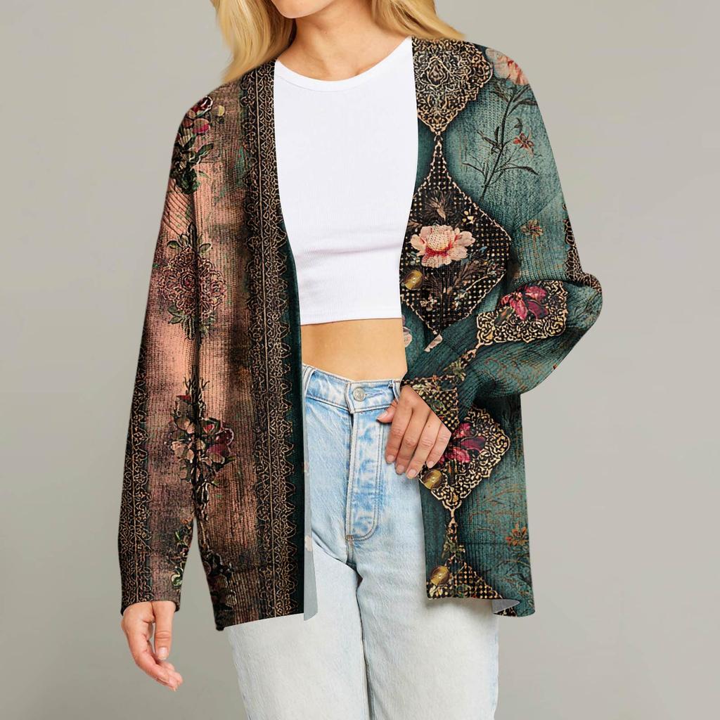 Dame Mote Langermet Juleprint V-Hals Knapper Løs Cardigan Topp