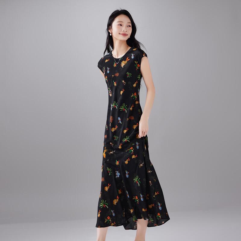 SOFSIL Women's Round Neck Floral Mulberry Silk Summer Long Dress