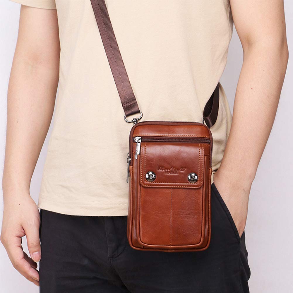 Ateng Mini Shoulder Bag with Smartphone Leather Belt Stylish Genuine Cowhide 5 Crossbody Style Men's Storage, Compact, Multifunctional, Outdoor,