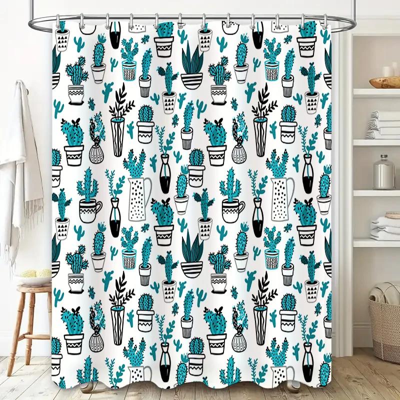 Blue Cactus Shower Curtain White Fabric Decoration for Bathroom Waterproof Rainproof Easy Installation Pattern Decorations