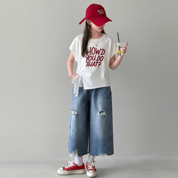 Modisches T-Shirt & Jeans Set für Mädchen 2026 - Slim Fit, Dreiviertel-Hose mit Rissen, Kurzärmel-Freizeitkleidung für ältere Kinder 160 cm gray