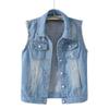 Women Single Breasted Denim Vest Autumn Winter Solid Casual Turn Down Collar Pocket Sleeveless Short Jean Coat Streetwear
