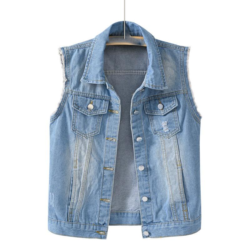 Women Single Breasted Denim Vest Autumn Winter Solid Casual Turn Down Collar Pocket Sleeveless Short Jean Coat Streetwear