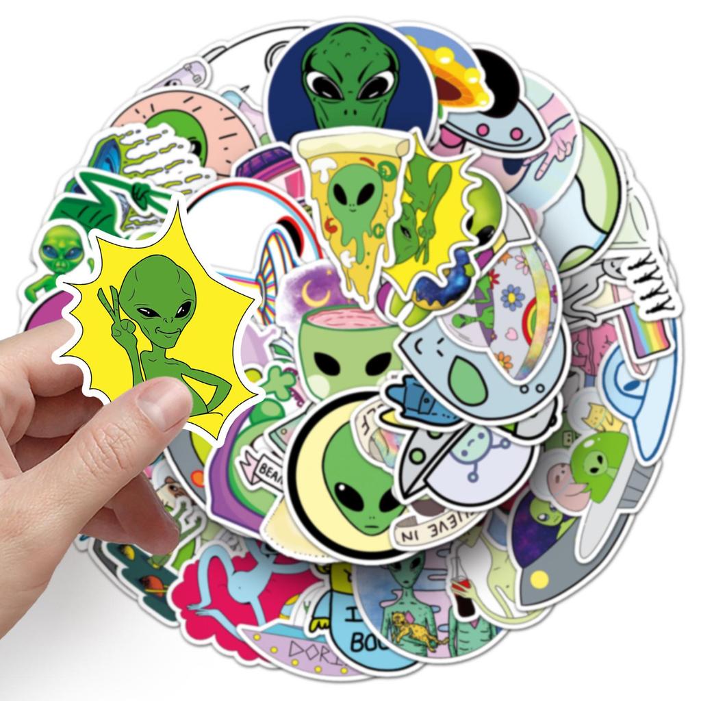 50 Alien-Themed Waterproof Stickers for Suitcases, Skateboards, Scooters, Tablets, and Cars