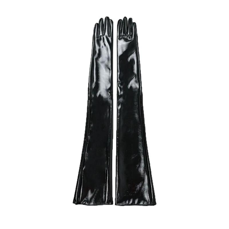 Extra Långa 70CM Lackläderhandskar Dam Ljus Svarta Simulerat Läder PU Varma Prestanda Fotografi Cosplay Gratis Frakt