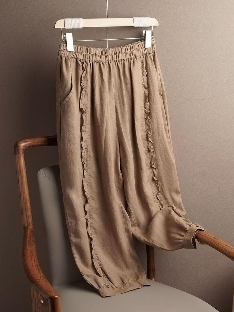 Summer Lightweight Lace Trimmed Cotton Linen Casual Pants Women Loose Nine-Minute Wide-Leg Versatile