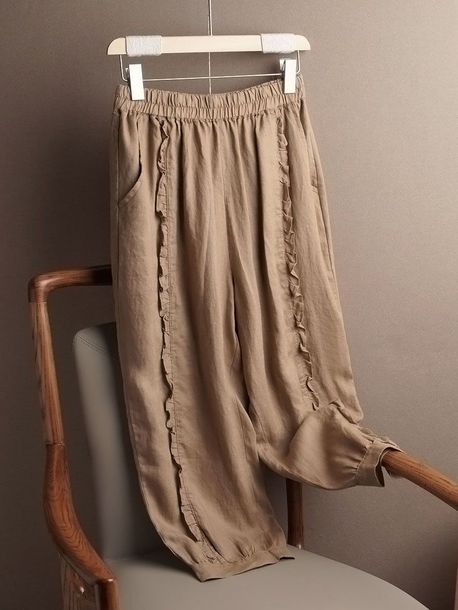 

Летние легкие хлопково-льняные повседневные брюки с кружевной отделкой Женские свободные брюки-кюлоты длиной девять минут с широкими штанинами Универсальные 3XL