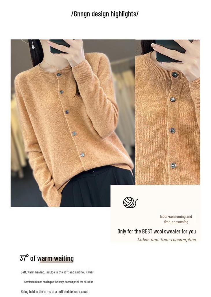 Korean Style Loose Wool Cardigan for Women - 100% Pure Wool, Fine Knit, Round Neck Sweater