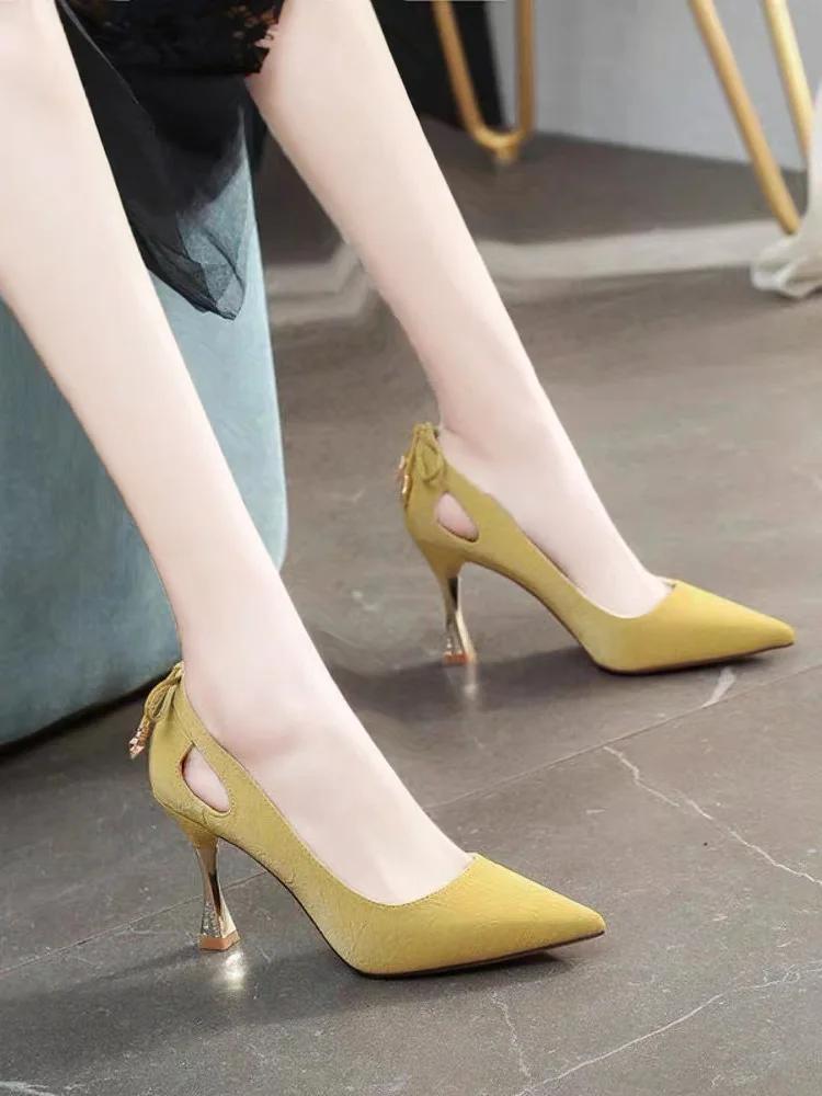 Maogu 2024 Spring Pointed Sexy Hollow Bow Fashion Elegant Ladies Dress Black High Heels Shoes Pointed Toe Stilito Heel Pumps 6cm