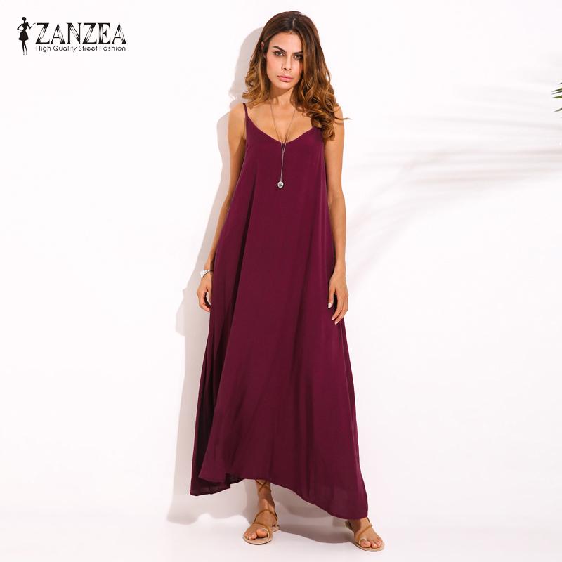 

ZANZEA Летнее повседневное длинное платье без рукавов с V-образным вырезом и лямками
