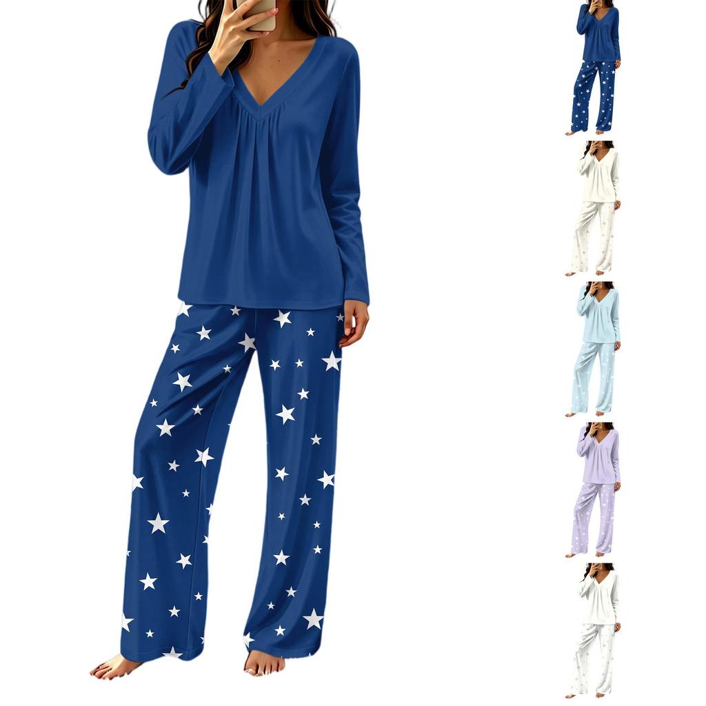 Women's V-Neck Loose Fit Printed Pajama Set Two Piece Sleepwear for Casual