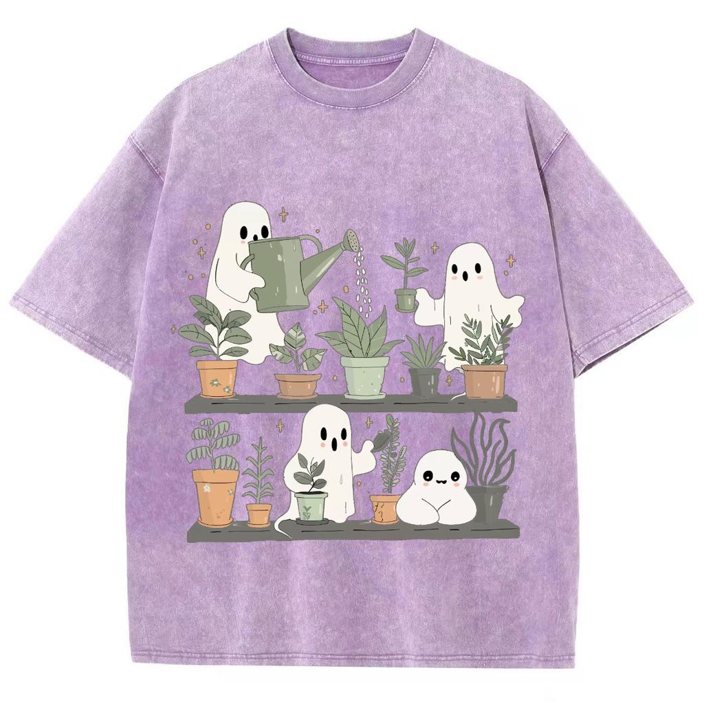 Cartoon Cute Ghost Print Women's T-Shirt Loose Wash Fashion Short Sleeve Summer Comfortable Cute Funny Style Top