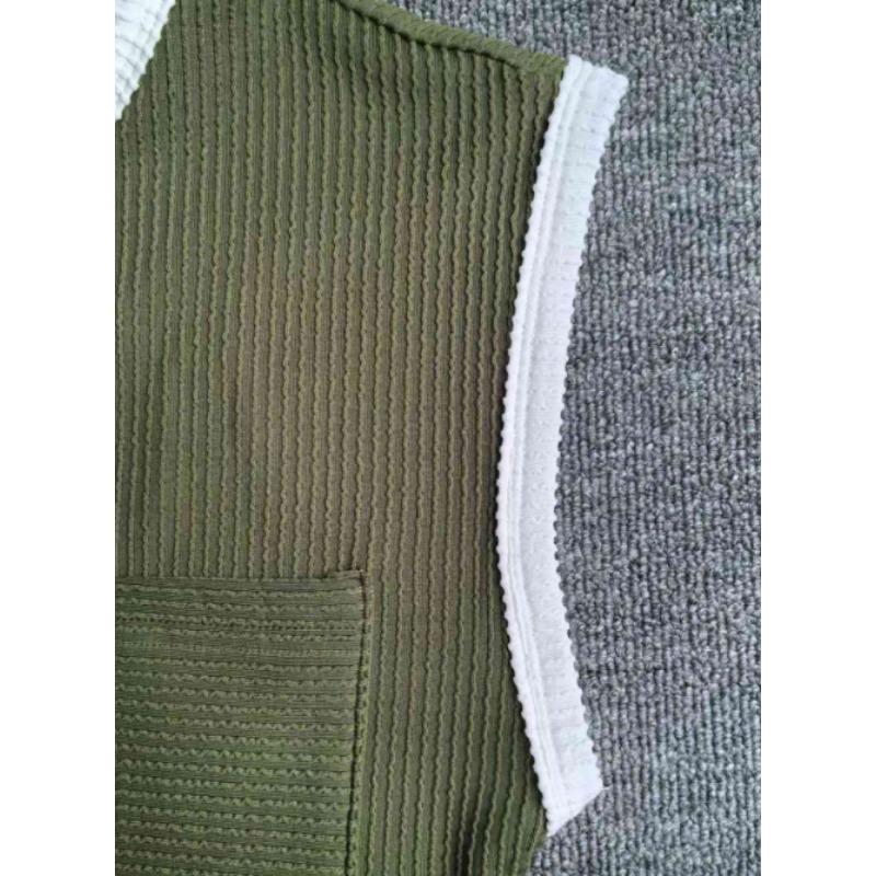 Women Crew Neck Contrast Trim Ribbed T Shirt Short Sleeve Pocket Casual Top