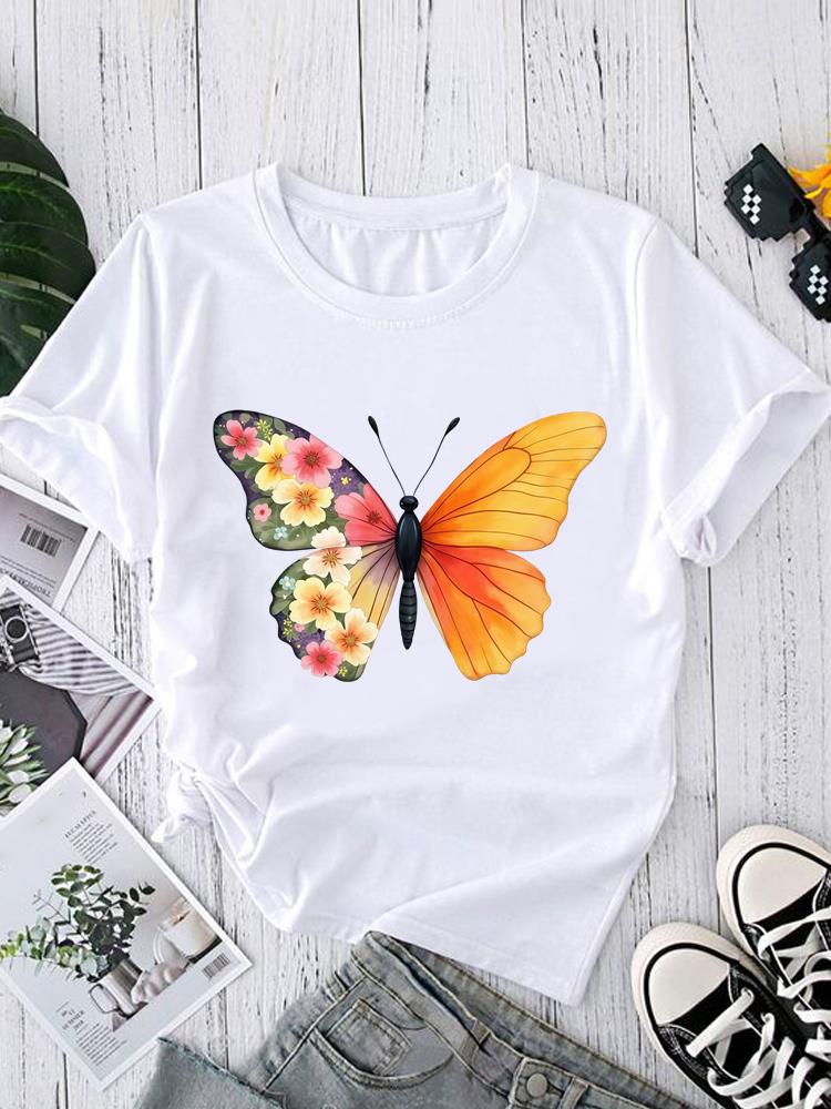 (Asian Size) Short Sleeve T-shirts O-neck Casual Clothing Fashion Female flower style cute Women's Top T shirt Printed Graphic Tee