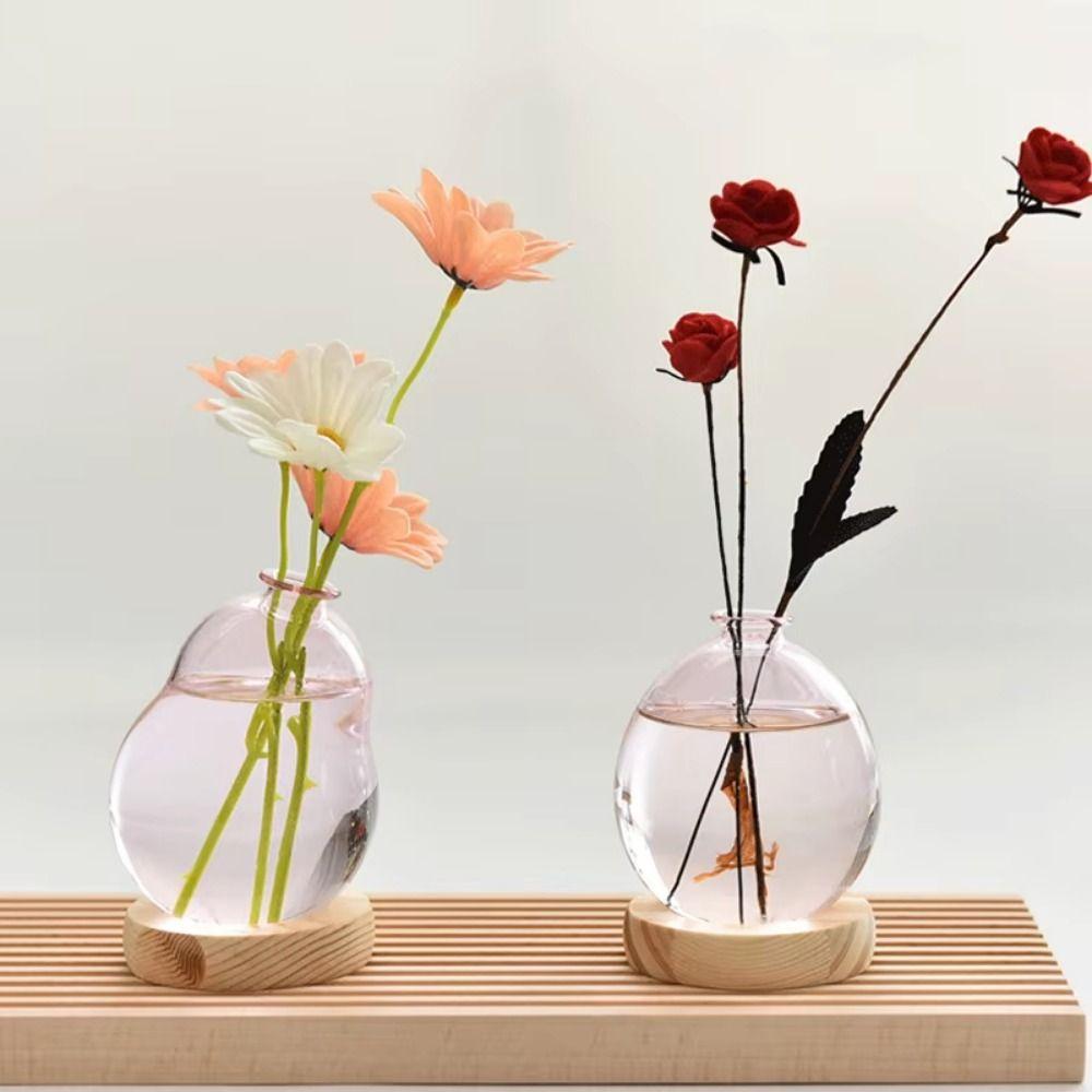 Transparent/Pink Creative Bubble Glass Vase With Wood Base Desktop Decorating Flowerpot  Home