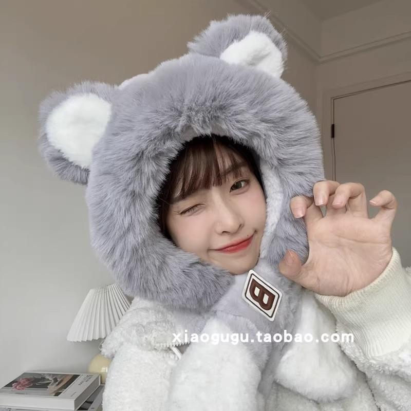 Cute letters bear ears hat scarf integrated female winter student warm fleece thickened two-piece set