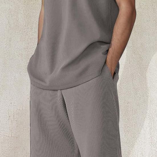 2Pcs/Set Men Sports Suit O-Neck Short Sleeve T-shirt Elastic Waist Wide Leg Shorts Set Solid Color Waffle Fabric Sportswear