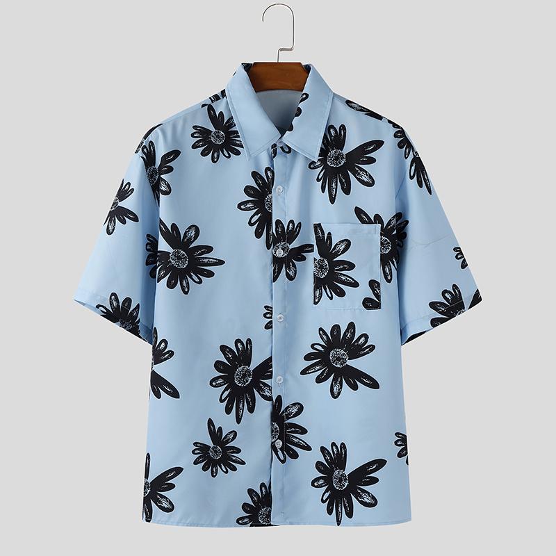 

INCERUN Summer Men Short Sleeve Print Loose Casual Hawaiian Shirts Tops 5XL синий