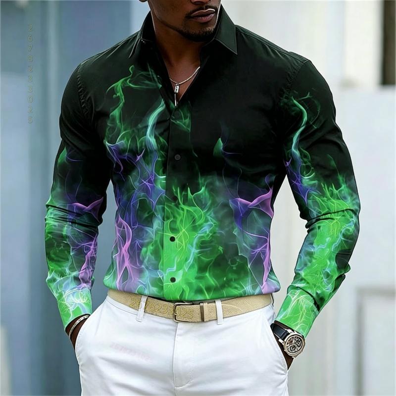 Men's shirt street style colorful flame printed long sleeved shirt with black background gradient color flame slimming shirt