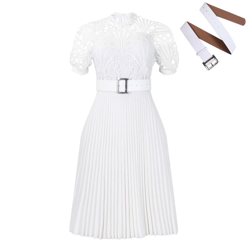 2024 Women's Short-Sleeve Lace-Pleated Dress - European/American Style