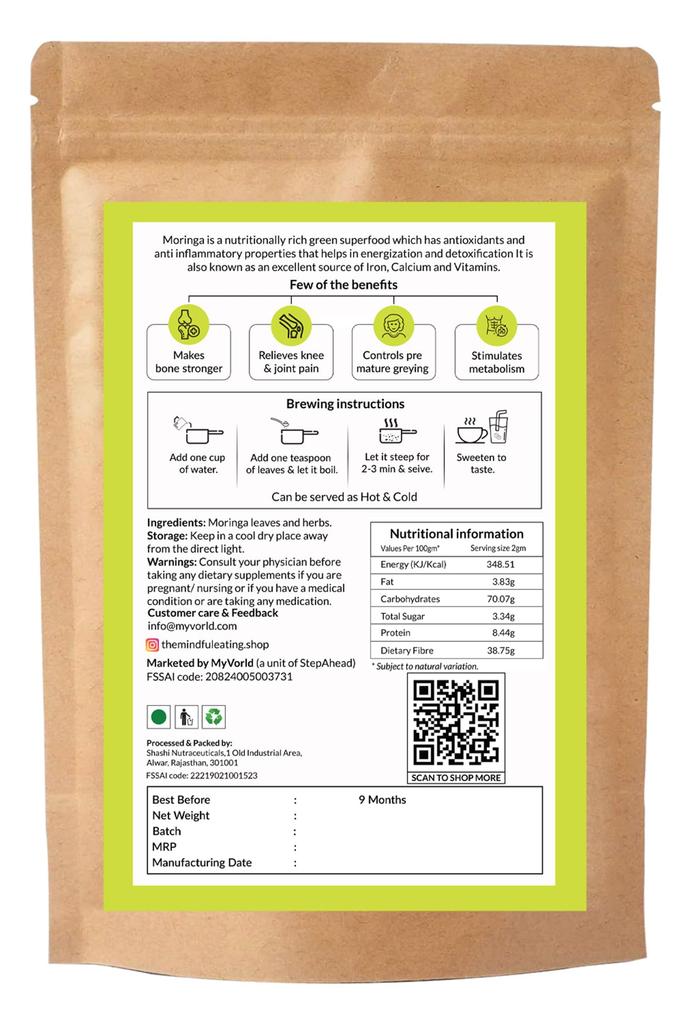 Mindful Eating Pure Moringa Leaves Tea Blended with Lemongrass - Herbal Tea, Natural Ingredients, Dried Drumstick Tree Leaves, Immunity Boos