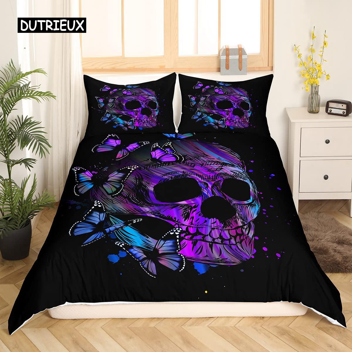 Dekbedovertrek met Schedel Gouden Kroon Beddengoedset, 3D Geprint Halloween Schedel met Twee Schoonheden Dekbedovertrekset, Dekbedovertrek met Kroon 150x200cm 3pcs