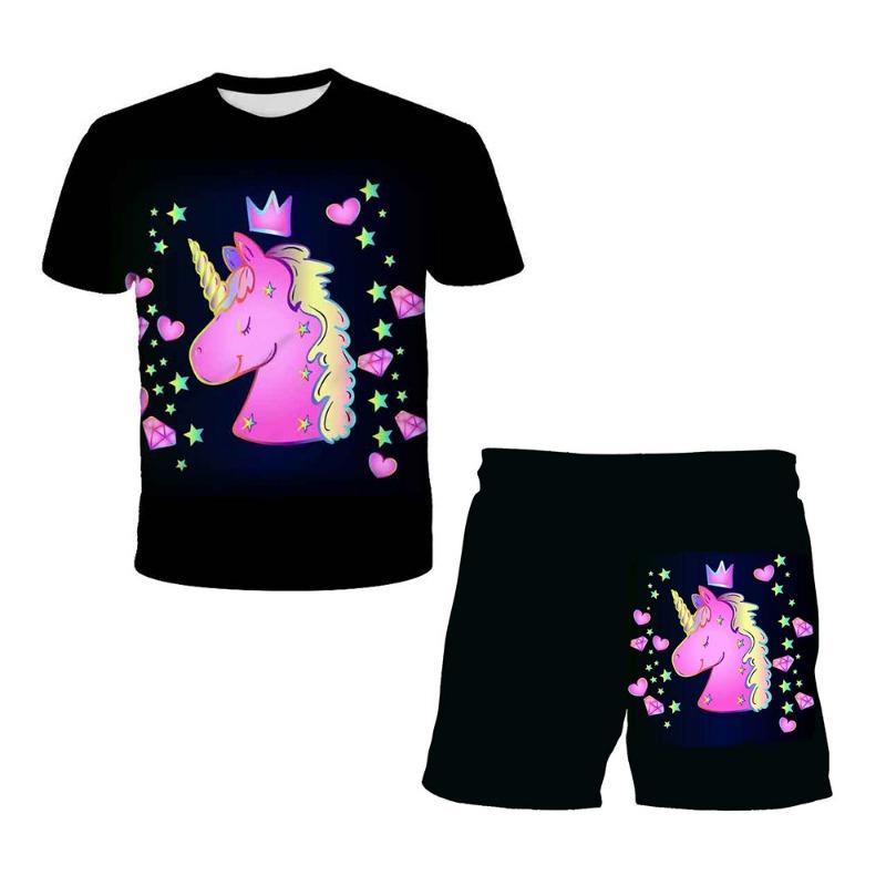 Unicorn Fashion Cute Girl Top T-shirt Short Sleeve+Shorts Two Piece Set Girls' and Children's Top Short Sleeve