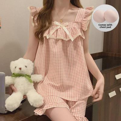 Kadınlar için Göğüs Pedli Sevimli Ekose Pijama Şort Takımı - Kolsuz ve Evde veya Dışarıda Çok Yönlü