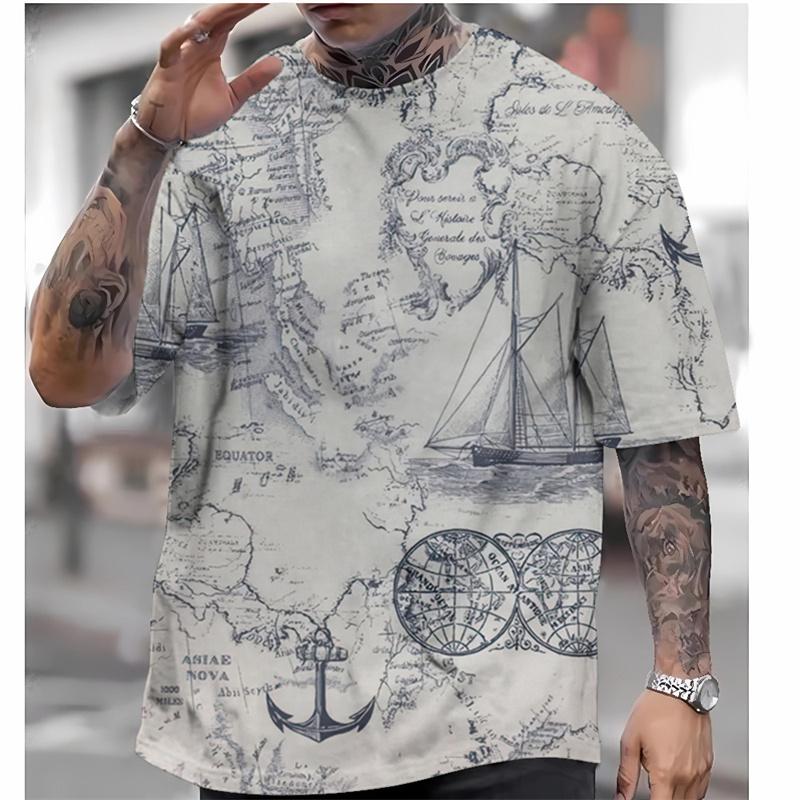 Vintage Nautical Graphic T-Shirt For Men Ship Map 3D Printed Tees Summer Casual Oversized Round Neck Tops T Shirts Short Sleeves