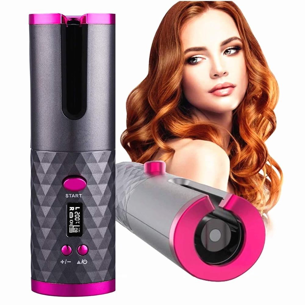 Cordless Automatic Hair Curler Portable Electric Wand Curling Iron with LCD Temperature Display Fast Heating Auto Rotating Ceramic Barrel Hair Curler