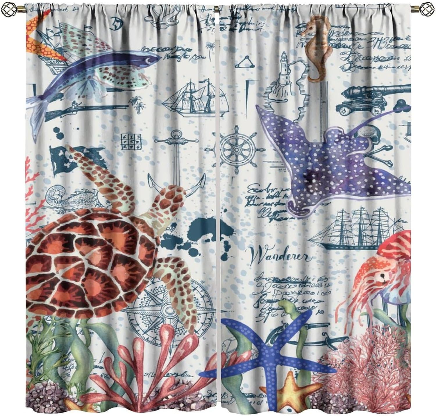 Ocean Themed Curta,Blue Watercolor Hand-Painted Sea Animals Seahorse Octopus Sea Turtle Jellyfish Print Rod Pocket Window 53x116CM-2PC