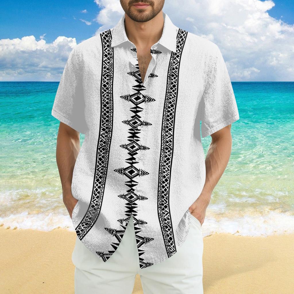 Men's Fashionable Casual Loose Striped Printed Beach Short-sleeved Shirt