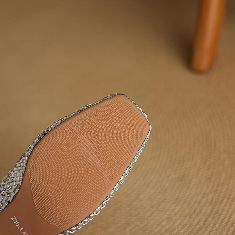 Fashion Women's new genuine leather sheepskin woven square toe summer breathable toe high heels thick heels Mueller slippers