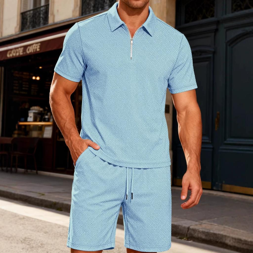 Summer Men Jacquard Textured Matching Set Half Zip Collar Polo Short Sleeve Top Drawstring Waist Shorts Golf Beach Two Piece Tracksuit