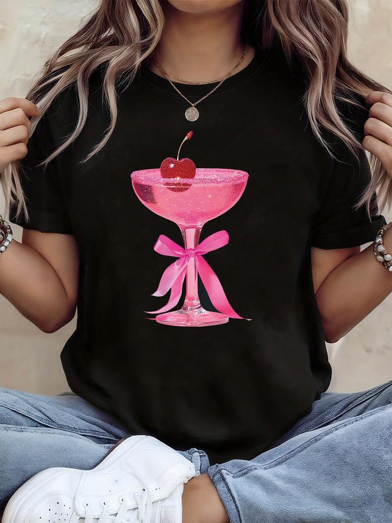 WomenS Pink Cherry Cocktail Theme TShirt Bright Pink Decor Graphic Casual Short Sleeve PinkBlack Sweet Vibrant Party Fashion Lover Top