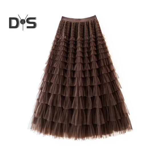 Dámská dortová sukně Jednobarevná sukně středního pasu Dlouhá sukně s elastickým pasem Síťovaný lem A-linii Maxi sukně pro každodenní nošení