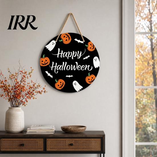 Haunted House Door Sign Halloween Hanging Sign, Wooden Front Hanger Wreath, Cute Eye-catching Ghost Welcome for Porch Wall Indoor Home Decoration