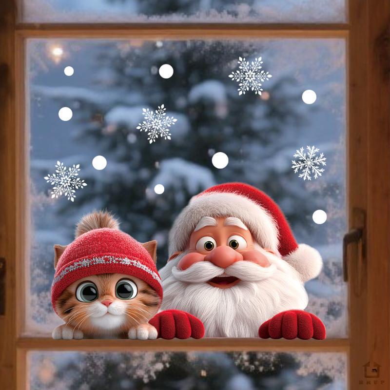 Christmas Window Clings With Cute Santa Cat Snowflake Pattern Removable Self Adhesive For Home Shop Xmas Decoration