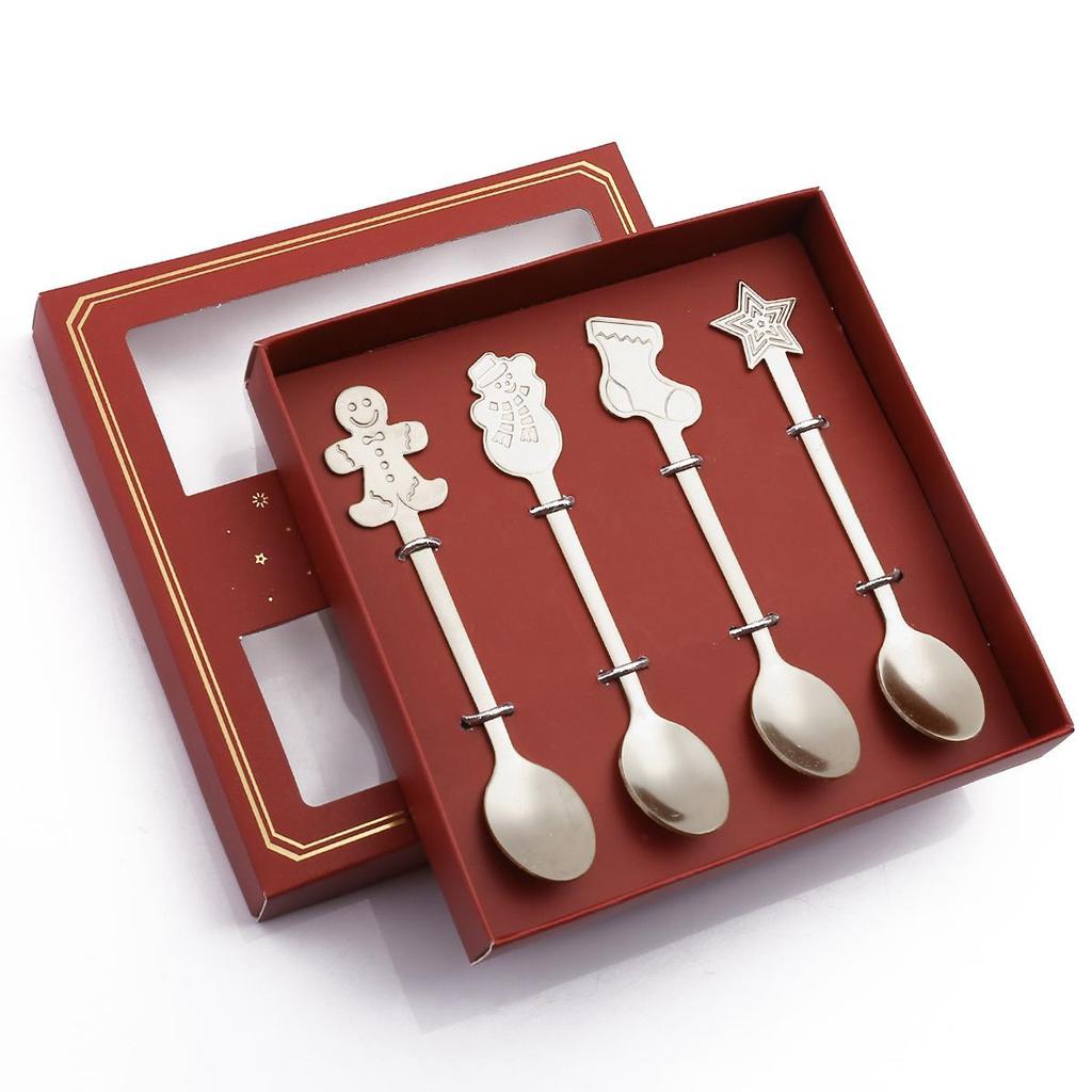 4pcs Christmas Teaspoons Coffee Spoons With Gift Box Stirring Spoons Stainless Steel Tableware Snowman Stocking Star Dessert Spoon