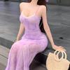 Foreign style lace splicing suspender dress women's summer leisure new waist printing mesh fishtail dress