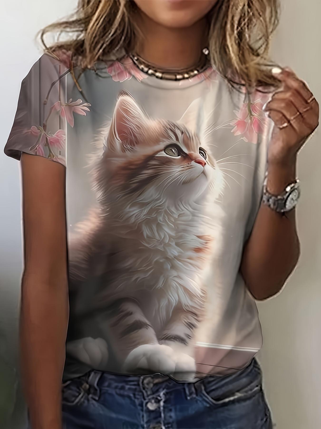 

Women S 3D Cat Print T-Shirt. Casual Crew Neck Short Sleeve Top. Polyester Knit Fabric. Summer Animal Pattern. Regular Length M дубильная кора