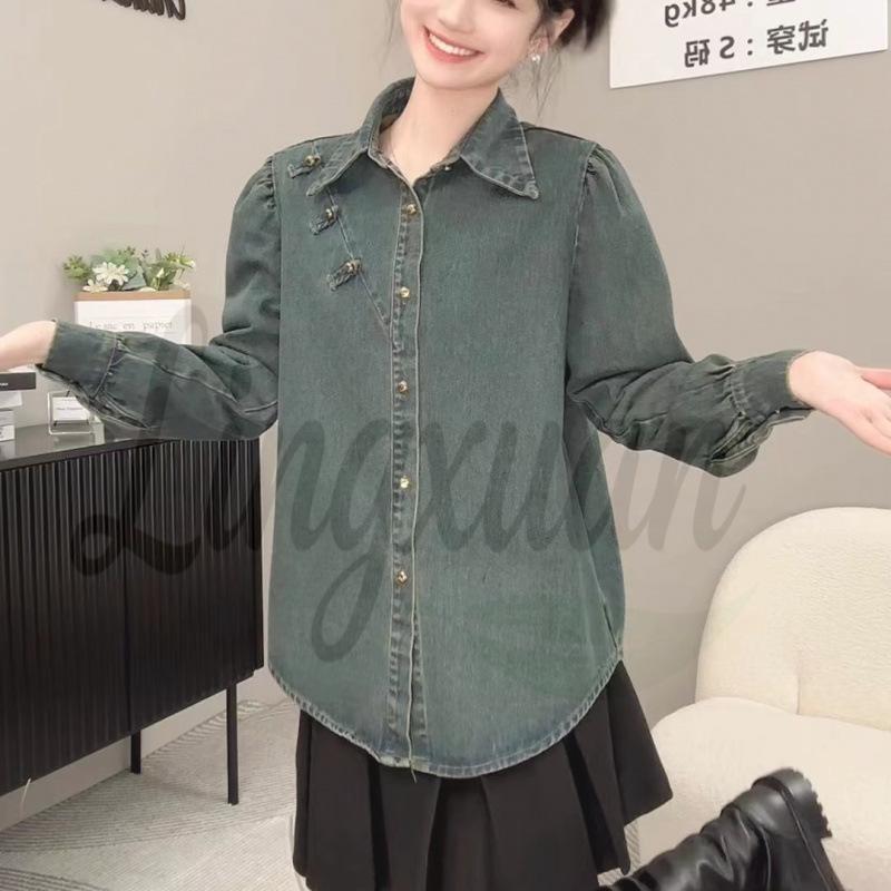 Retro Blue Denim Puff Sleeve Shirt for Women - Spring/Autumn Niche Design Small синий