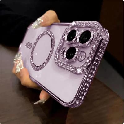 Funda de lujo con purpurina de diamante para mujer, accesorios magnéticos de carga inalámbrica para iPhone 15, 14, 12, 11, 13 Pro Max Plus
